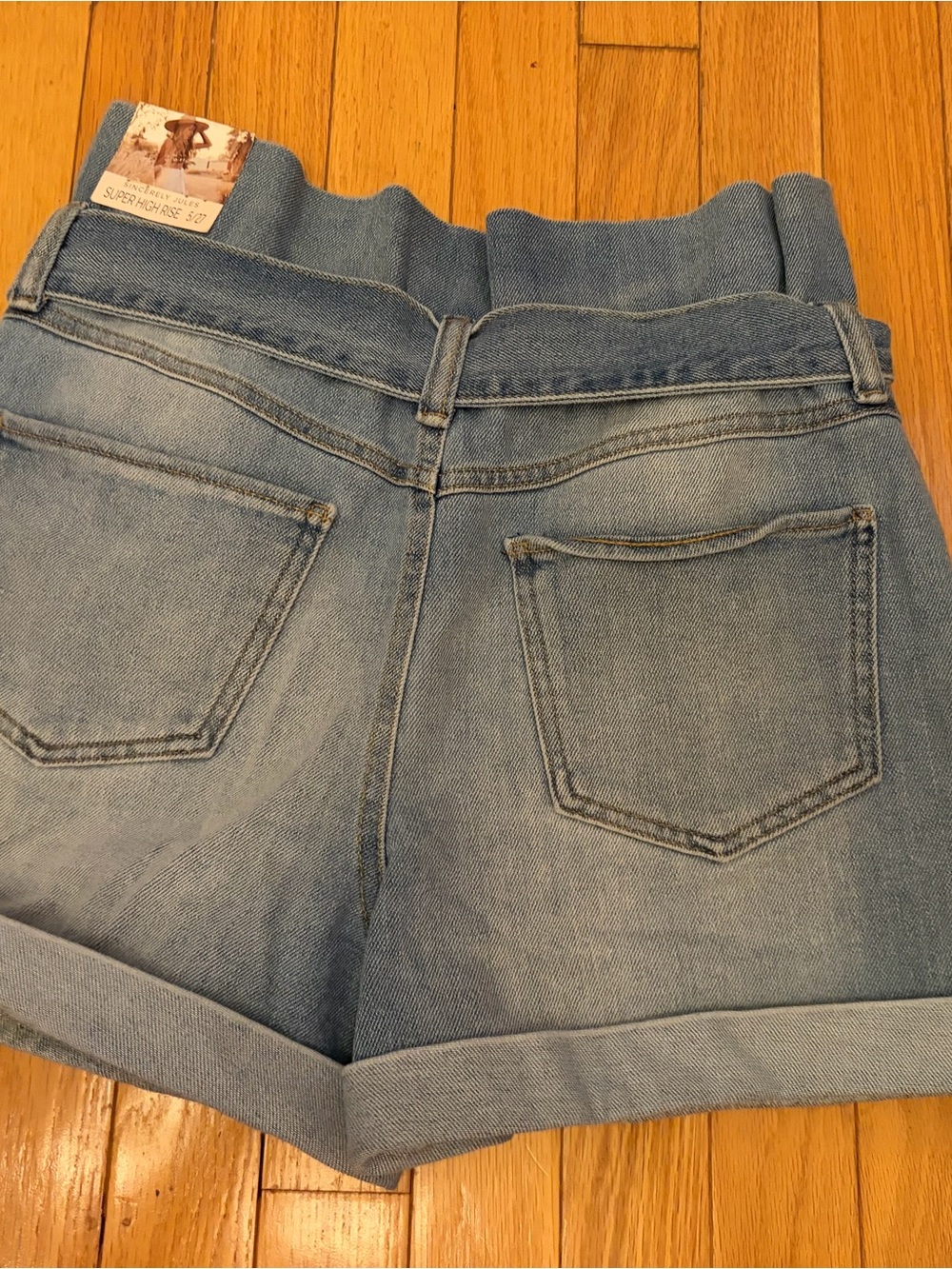 Sincerely Jules Light Blue Paperbag Waist Denim Shorts with Tie - Picture 4 of 5